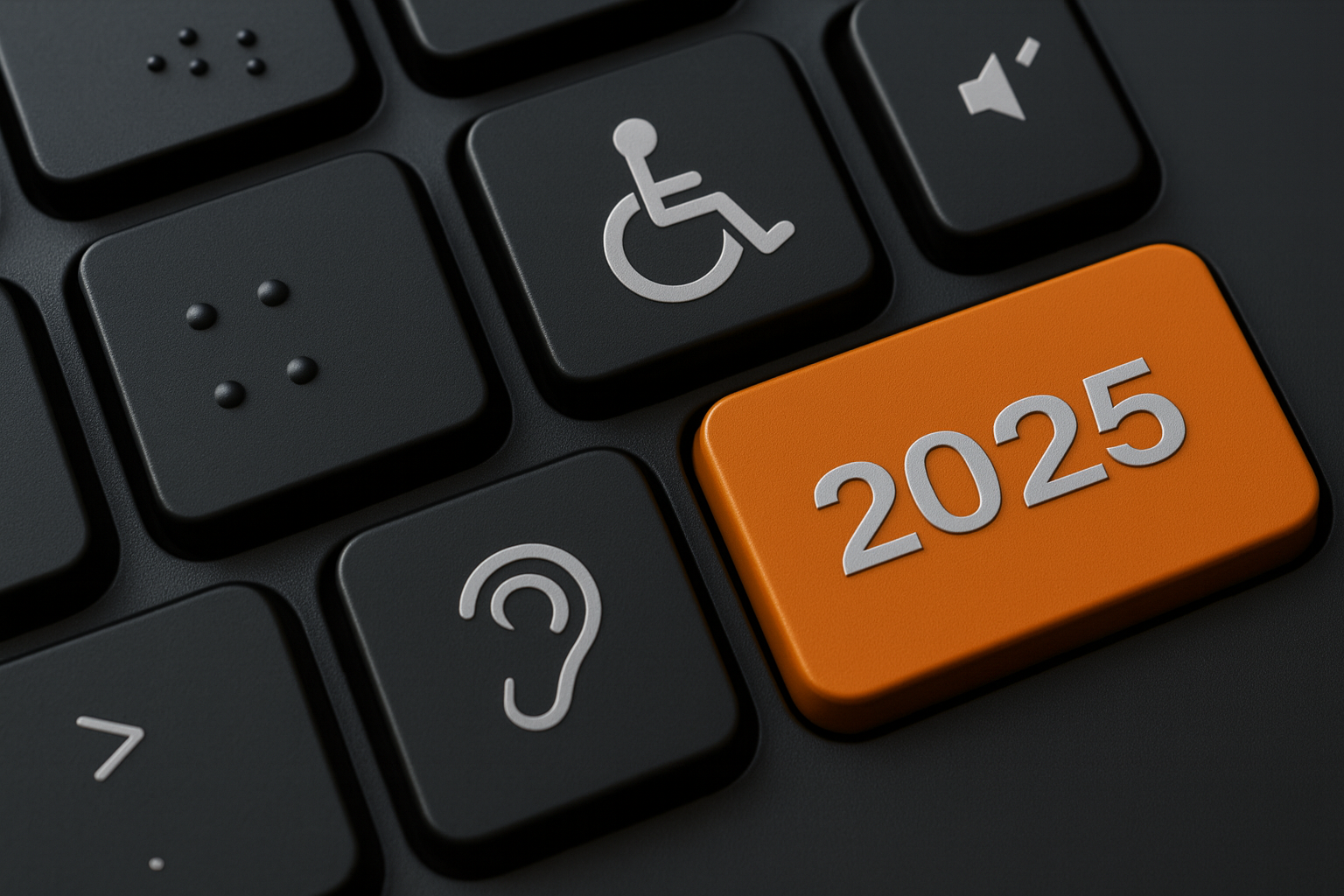Close-up of a black keyboard featuring a large orange key labeled “2025” surrounded by tactile accessibility keys, including a Braille key, a wheelchair icon, and a hearing impairment symbol. The layout symbolizes digital inclusion and accessibility advancements, highlighted by soft, warm lighting.