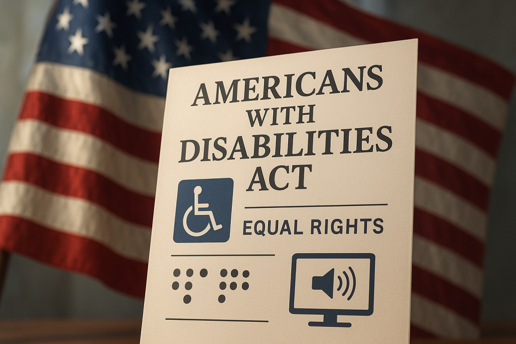 Poster reading “Americans with Disabilities Act – Equal Rights,” displayed in front of an American flag, with icons for wheelchair access, braille, and audio.