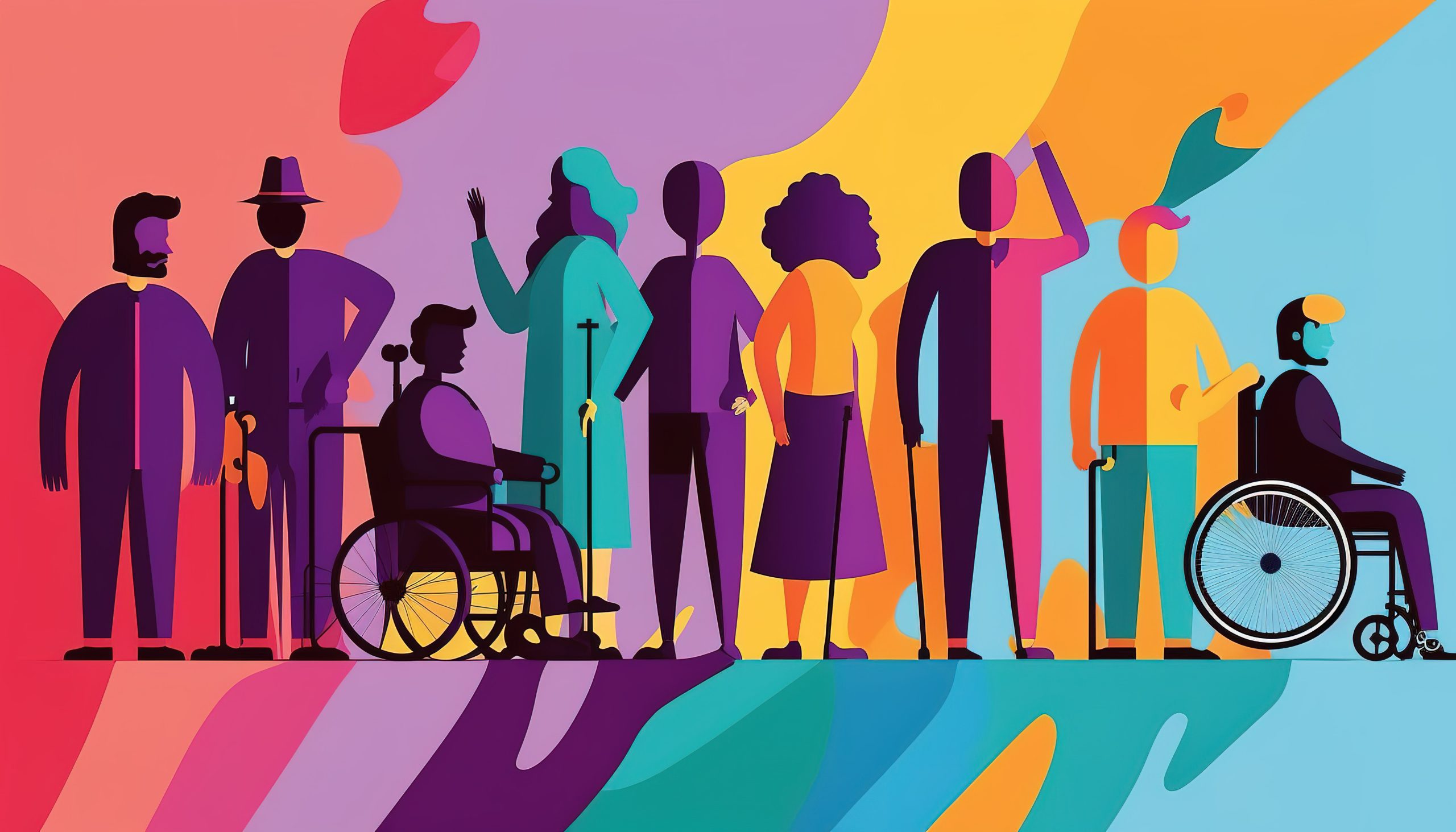 Colorful illustration representing diversity and inclusion, showing a row of stylized people with different abilities and body types — including individuals using wheelchairs, canes, and prosthetic limbs — standing together against a vibrant abstract background.