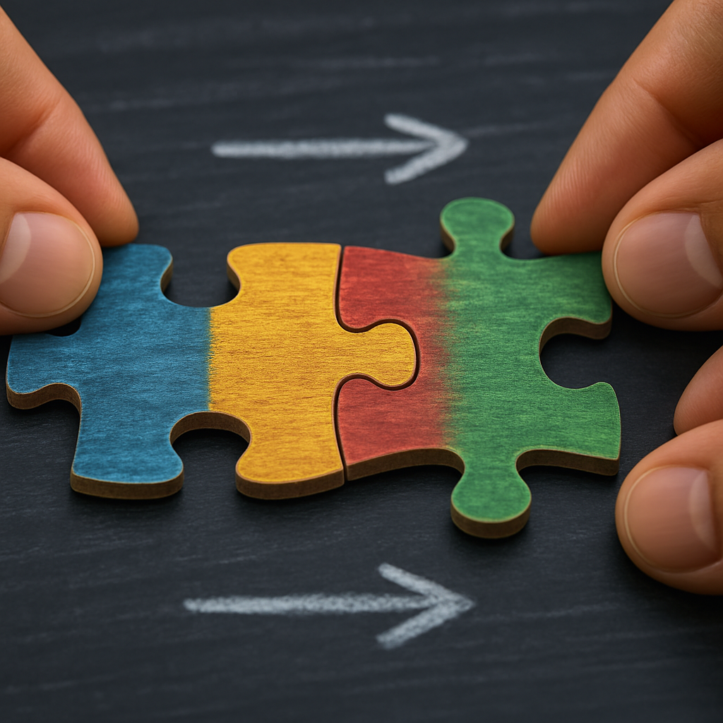 Two interlocking wooden puzzle pieces—blue, yellow-red, and green—are held by human hands against a black chalkboard background. White chalk arrows point in both directions, symbolizing connection or customisation.