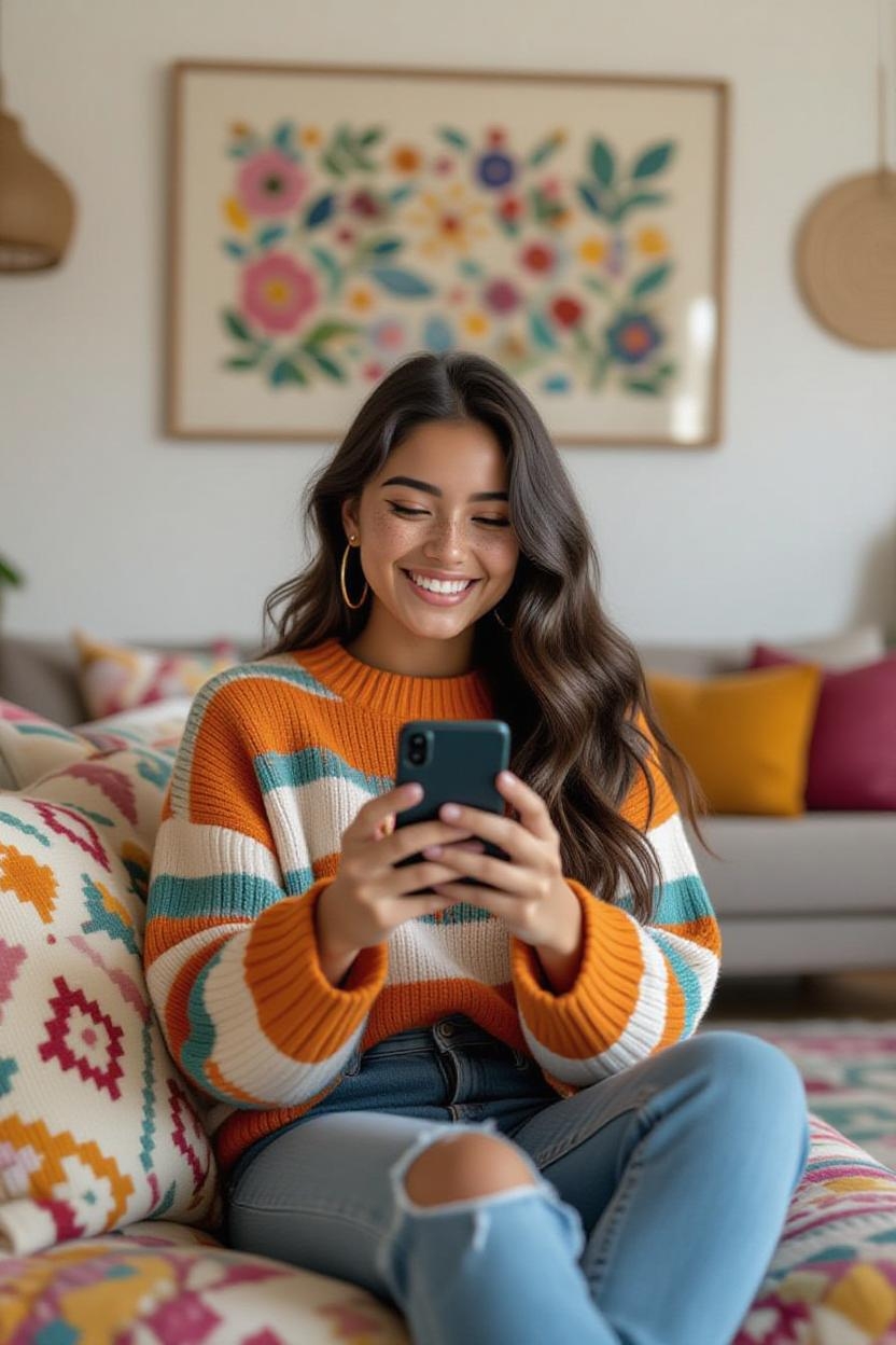 Young woman smiling while shopping online with her smartphone, representing mobile e-commerce and mobile first indexing.