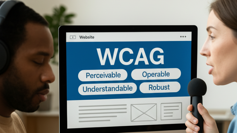 A screen displaying “WCAG” with its four key principles: Perceivable, Operable, Understandable, and Robust. A man looks at the screen while a woman with a microphone explains accessibility.