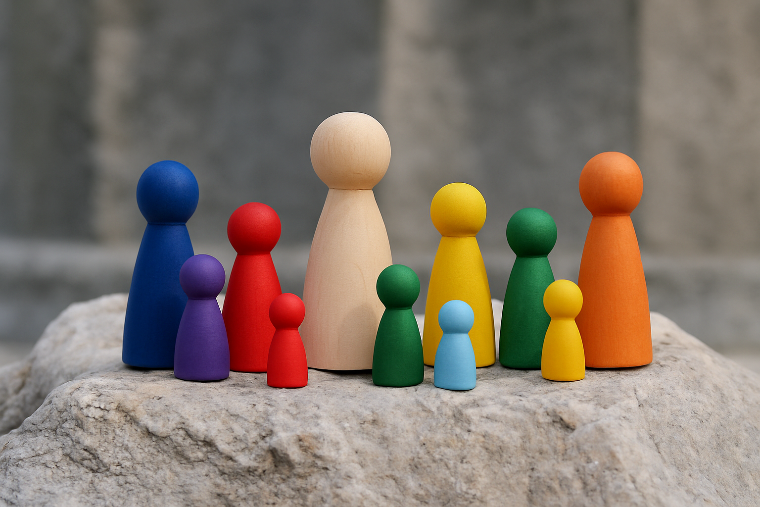 A group of twelve wooden peg figures in various bright colors and sizes are arranged on a textured stone surface. The figures represent diversity, with larger and smaller pieces in red, blue, green, yellow, orange, purple, and natural wood tones. The background features gray stone, evoking the look of a monument, with the focus on the colorful figures in the foreground.