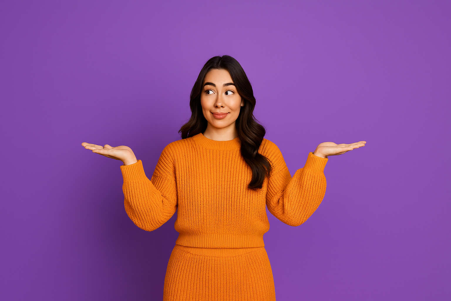 Young woman in a stylish orange knitted outfit holding her palms up like scales against a purple background, symbolizing product comparison and decision making in mobile e-commerce and custom website choices.