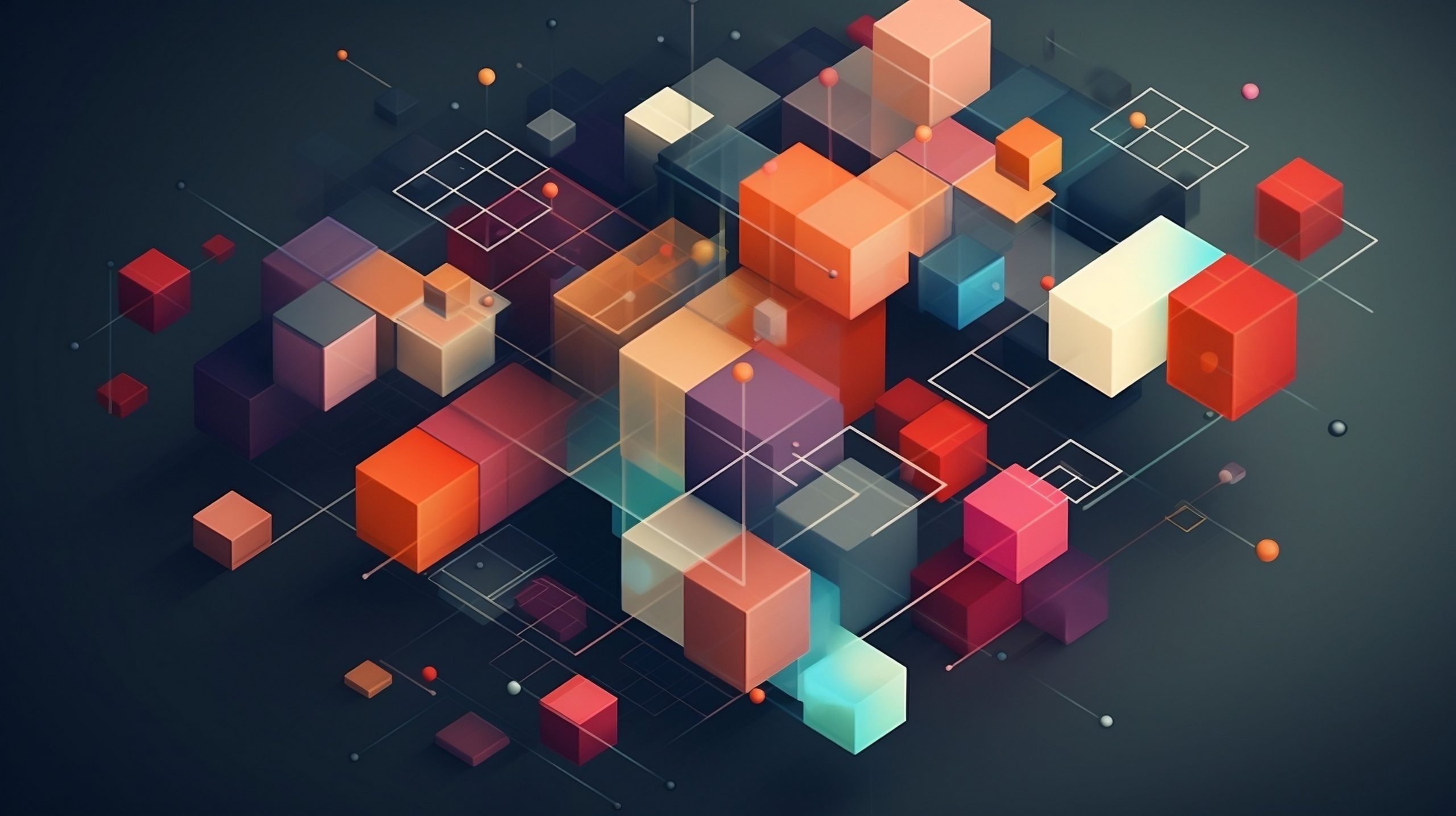 Abstract 3D geometric blocks connected by grid lines, representing structured components and scalable architecture, illustrating how design systems improve efficiency in e-commerce and ERP projects.
