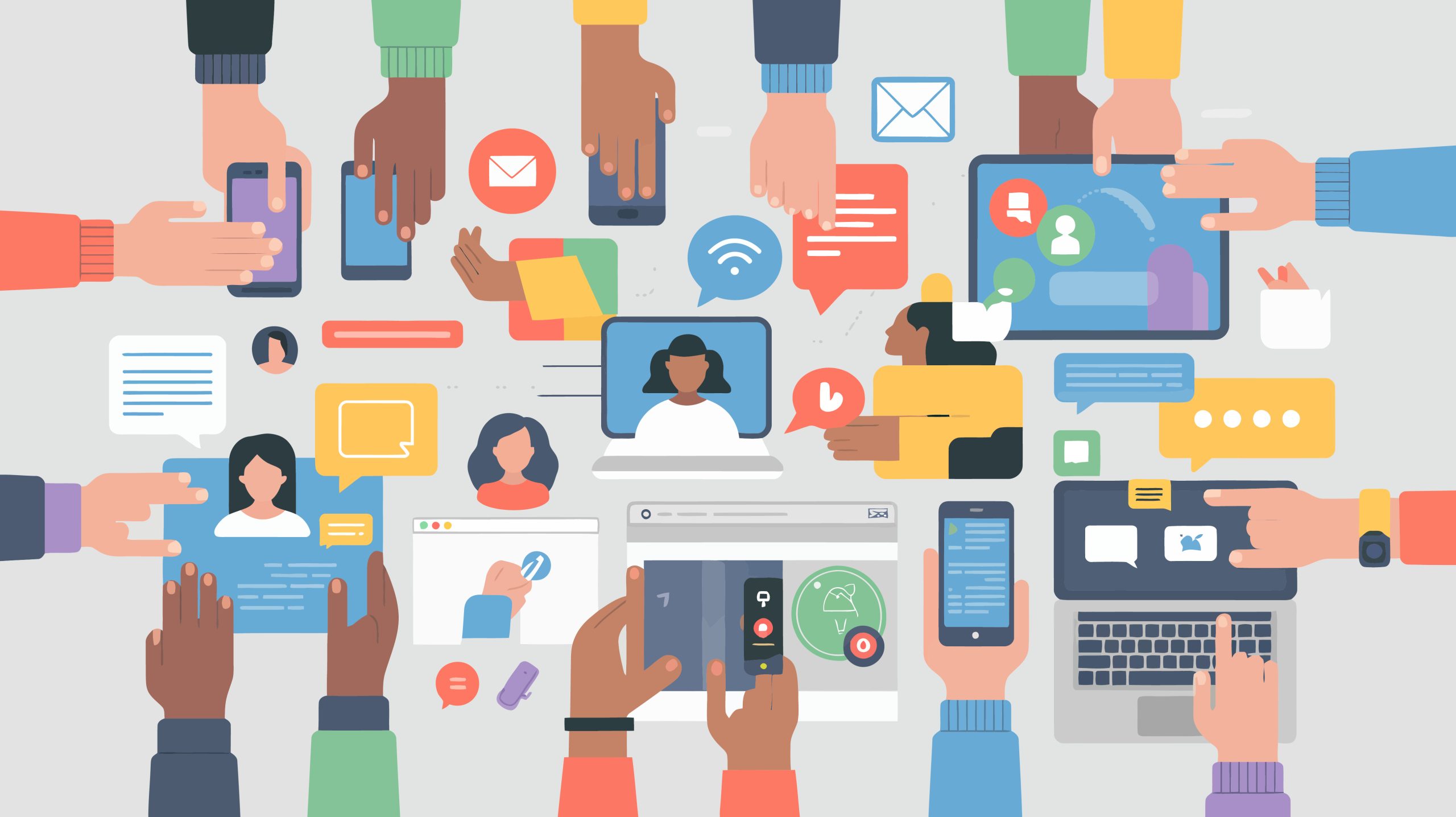 A flat vector illustration of diverse hands interacting with various digital communication devices on a light grey background. Numerous dark, tan, and light-skinned hands point to, hold, and touch smartphones, tablets, and laptops displaying user profiles and video calls. The image is filled with colorful digital UI elements, including speech bubbles, email envelopes, a Wi-Fi symbol, and notification icons in shades of blue, orange, yellow, and red, symbolizing global connectivity and digital collaboration.