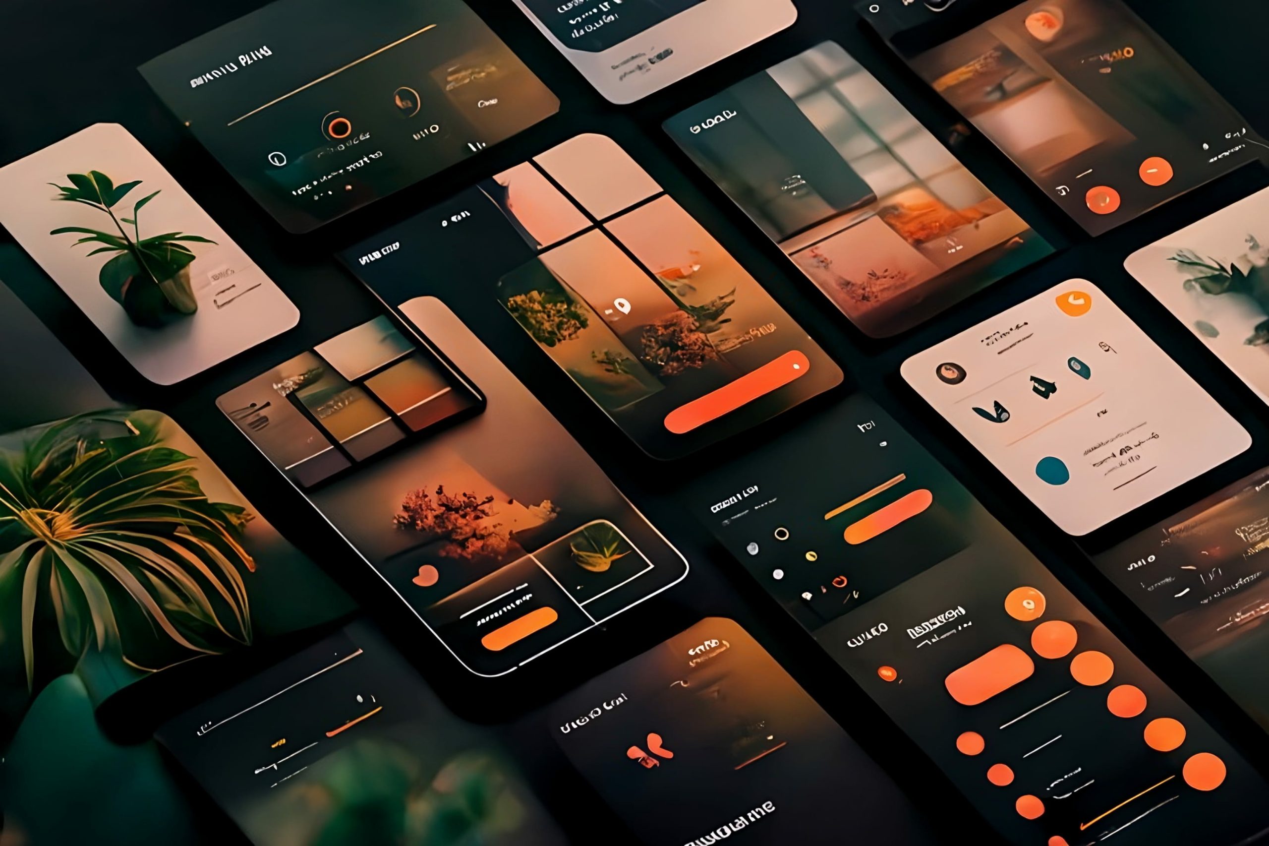 An angled overhead view of multiple mobile application user interface (UI/UX) screens arranged on a dark surface. The presentation showcases a sophisticated dark mode design aesthetic characterized by warm orange, charcoal, and earth-toned user elements. The screens display various minimalist layouts, including dashboards, button menus, and card components. Lush green tropical plant leaves are artfully integrated around the screens, blending digital interface design with an organic, natural theme.