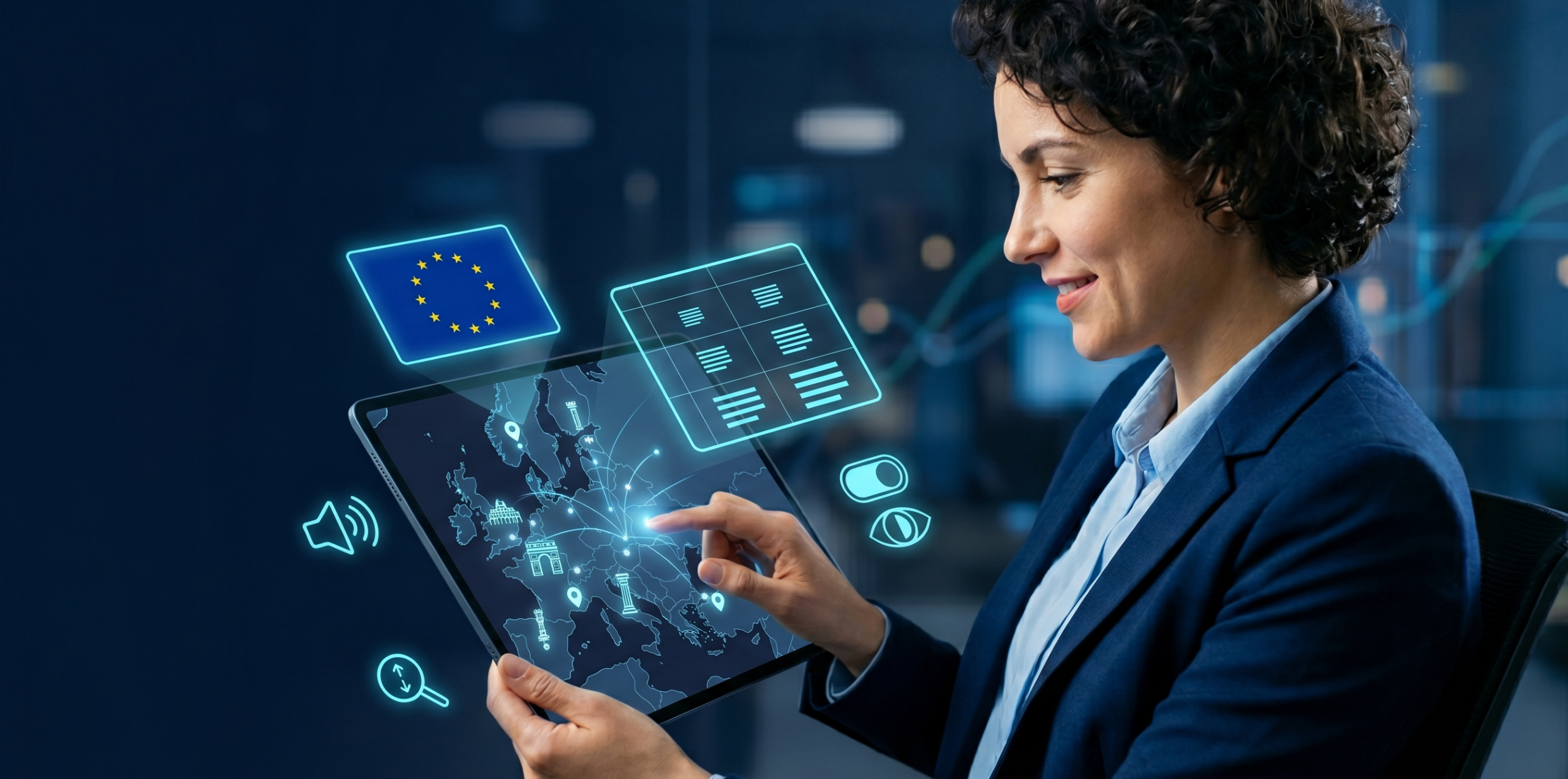 A professional woman interacting with a sleek, borderless tablet displaying a digital map of Europe. Abstract, neon-blue holographic UI accessibility icons—including a speaker, magnification tool, eye symbol, and a grid symbolizing layout adaptation—float around the screen. A glowing digital European Union flag is displayed above the tablet against a deep navy blue gradient background.
