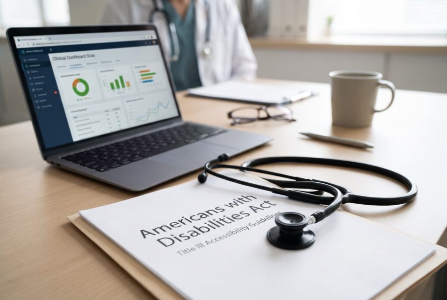 A stethoscope resting on a printed document titled "Americans with Disabilities Act" next to an open laptop displaying a clinical dashboard on a bright medical office desk.