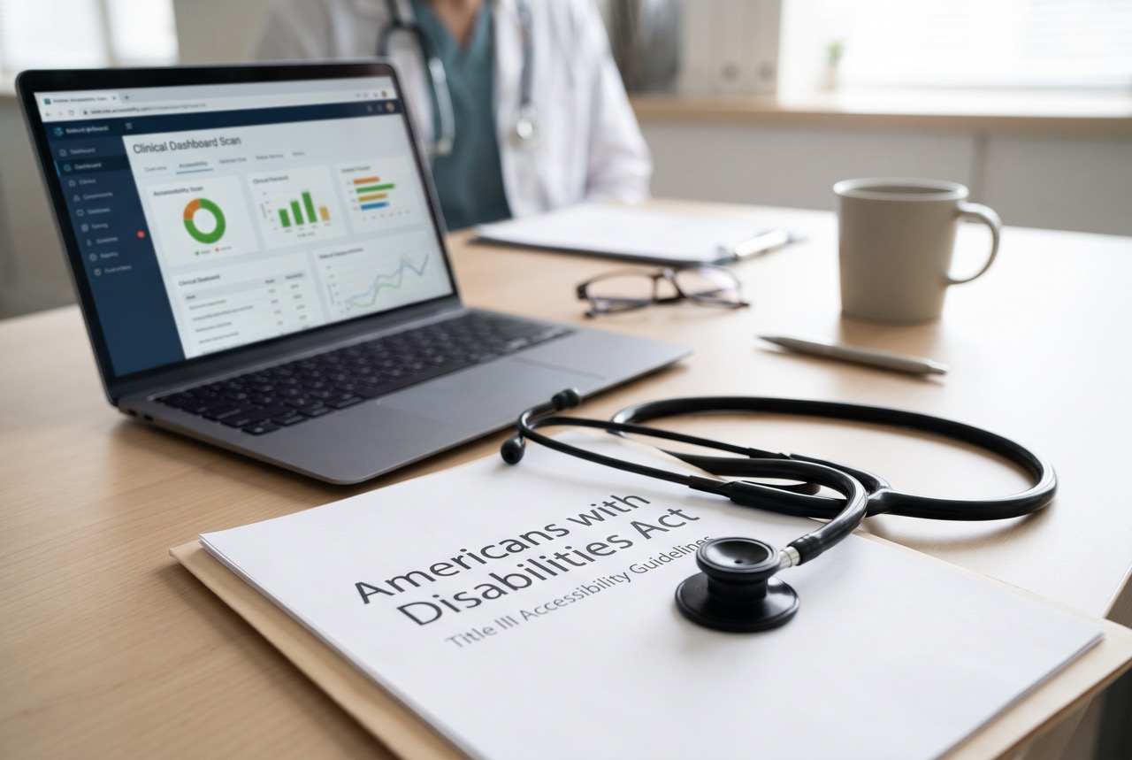A stethoscope resting on a printed document titled "Americans with Disabilities Act" next to an open laptop displaying a clinical dashboard on a bright medical office desk.